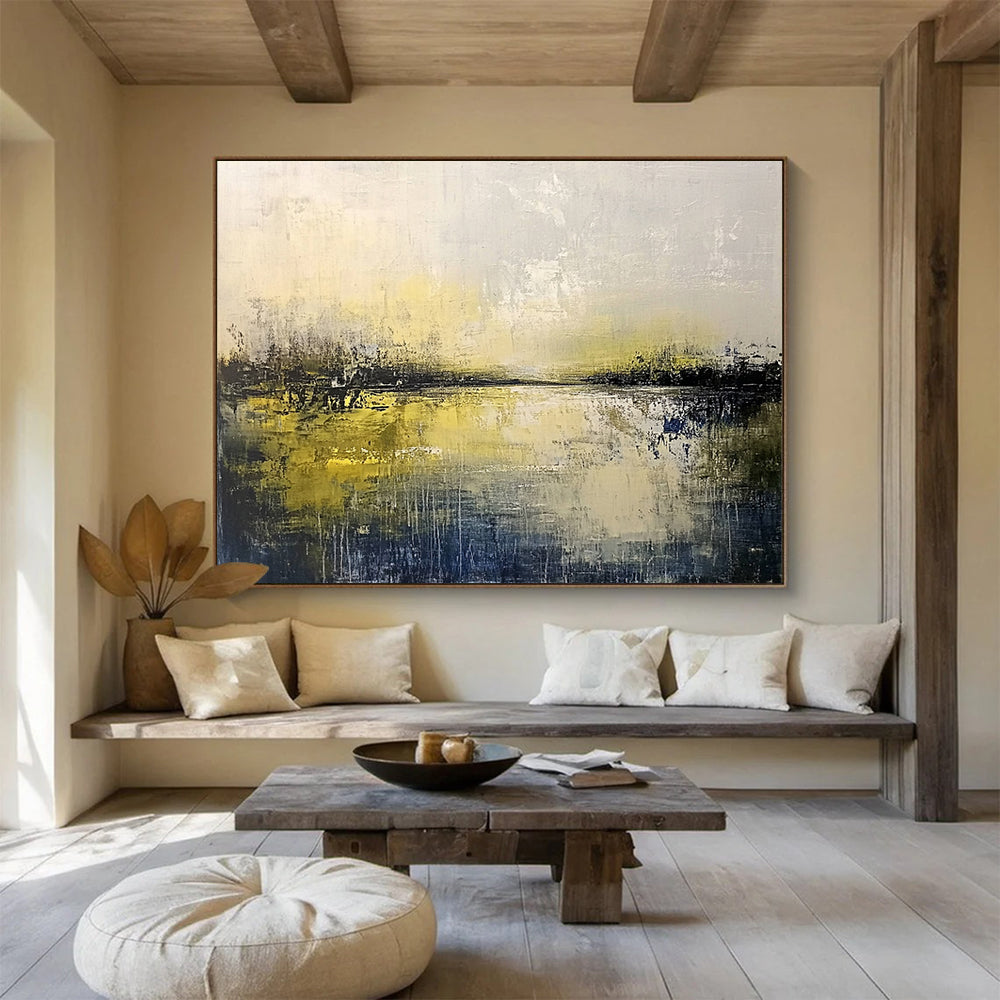“Misty Yellow Lake” - Yellow, Gray, Hazy Sky and Reflective Water Painting On Canvas HB0939