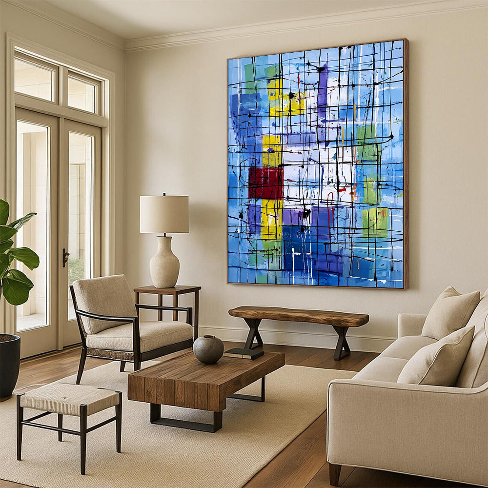 Vibrant contemporary abstract art featuring dynamic lines and shapes with a New York City office backdrop highlighting the complexity of life and emotion. DLZ1236