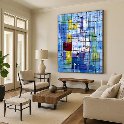 Vibrant contemporary abstract art featuring dynamic lines and shapes with a New York City office backdrop highlighting the complexity of life and emotion. DLZ1236