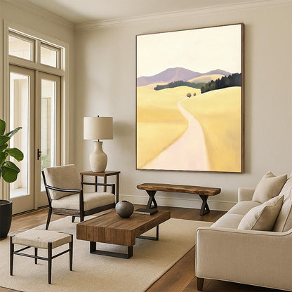 Contemporary hand-painted abstract artwork featuring a serene rural road in New Zealand with rolling hills in soft yellow tones and minimalistic design. DLZ1099