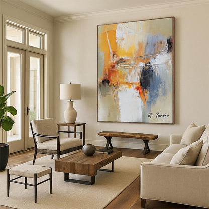 Contemporary abstract art featuring bold warm colors dynamic brushstrokes and textures that evoke movement and energy in a striking composition. DLZ1461
