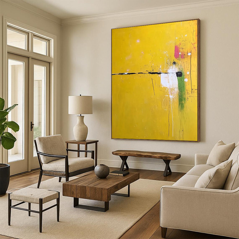Contemporary large abstract painting featuring vibrant yellow shades with subtle white and green accents adds sophistication to any space. DLZ1296