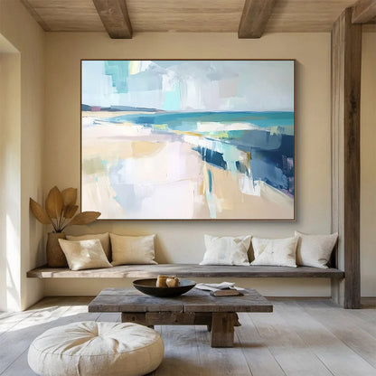 “Abstract Beach Day” - Blue, white, yellow, gray; Soft blocks mimic a hazy seaside; Minimalist Coastal Acrylic Painting On Canvas HB1175