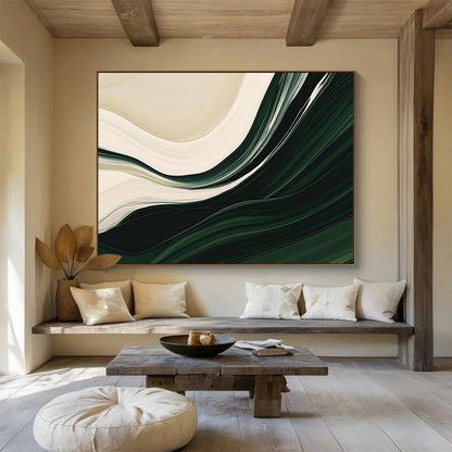 “Flowing Green and White Abstract” - Green, White, Curved Textures Painting On Canvas HB0889