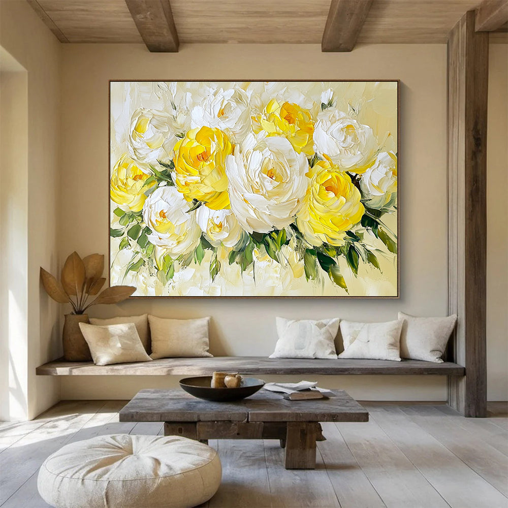 “Yellow - White Peony Bouquet” - Yellow, White, Green, Thick - textured Peony Bouquet - Impasto Oil Painting HB1778