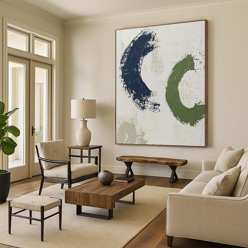Contemporary abstract artwork featuring bold brush strokes in dark blue and green, creating minimalistic shapes on a white background. DLZ1625