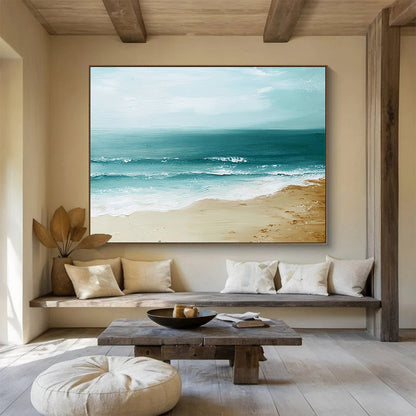 “Serene Seashore” - Blues, Browns, Whites, Calm Beach - Minimalist Acrylic Painting HB1599