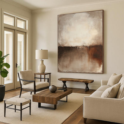 Large contemporary hand-painted abstract art featuring a textured wall in warm brown and cream tones. Perfect for modern decor. DLZ1379