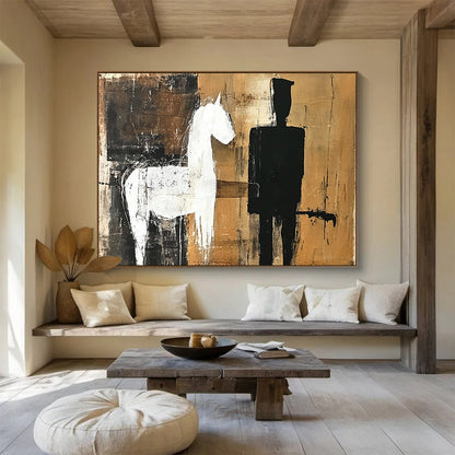 Brown, Black, and White Silhouettes - “Equestrian Silhouette” Painting On Canvas HB1455