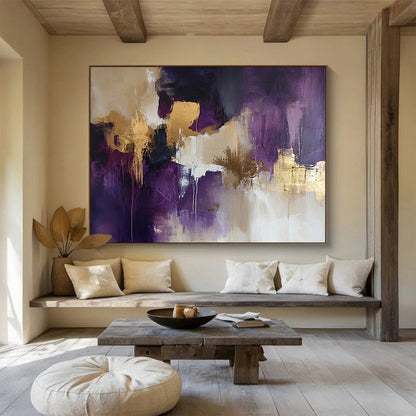 “Purple Gold Abstract” - Purple, Gold, Beige, White, Flowing Forms - Painting On Canvas HB1420