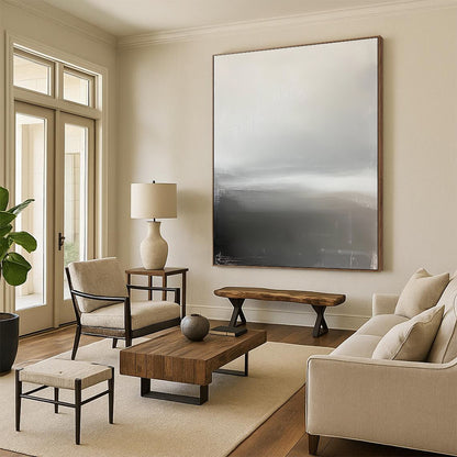 Contemporary hand-painted abstract art featuring a grey sky, foggy horizon, and a subtle grey and white palette that evokes tranquility and calmness. DLZ1347
