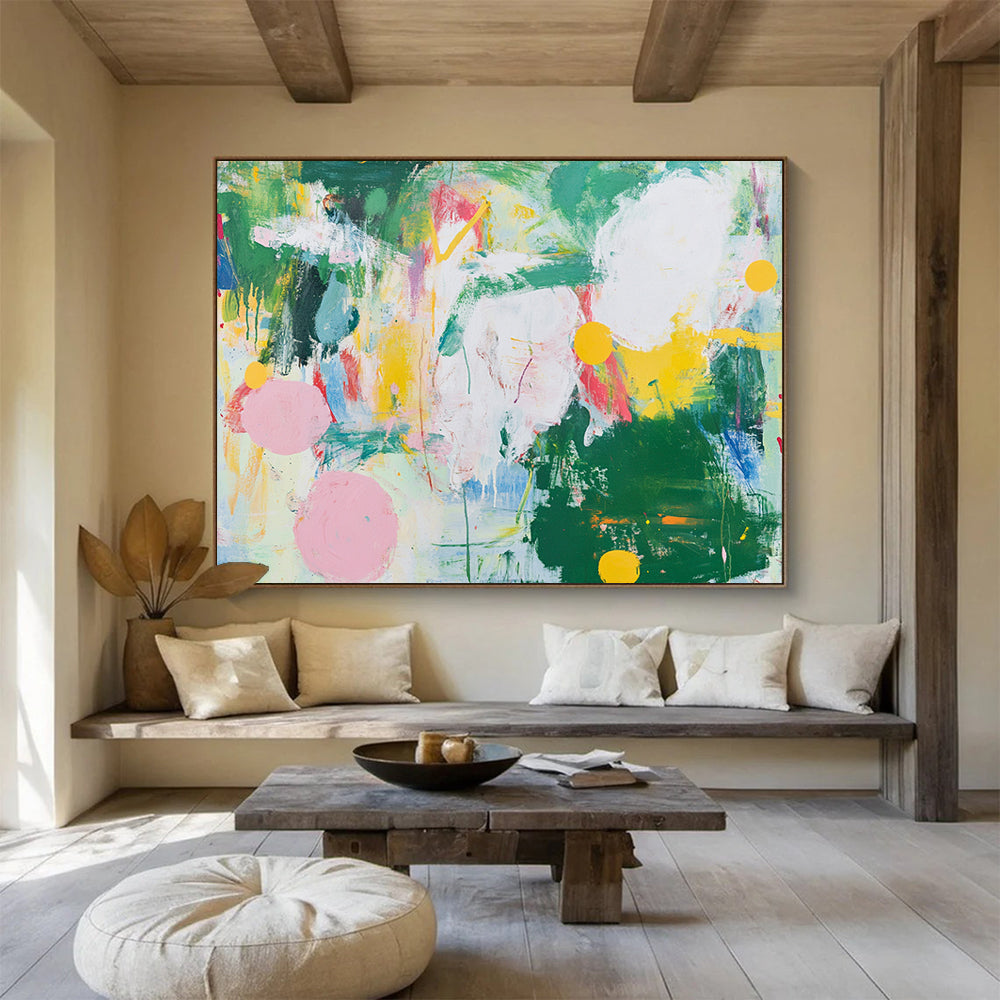 “Colorful Abstract Expressionist” - Green, yellow, pink, blue, white; Vibrant abstract expressionist; Acrylic Painting On Canvas HB1251