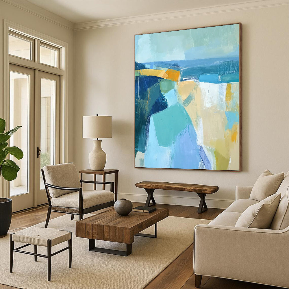 Contemporary abstract artwork features thick brushstrokes and geometric forms in muted blues and yellows, perfect for enhancing any modern space. DLZ0896