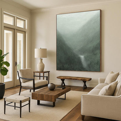 Contemporary abstract painting featuring misty mountains in gray-green hues with soft brushstrokes and a mystical waterfall flowing into a serene pool. DLZ1366