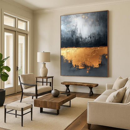 Large contemporary abstract painting in gray and gold tones with gold foil and strong textures for luxurious wall decor. DLZ0521