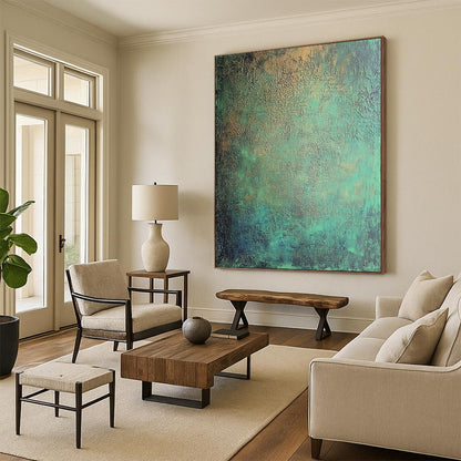 Contemporary hand-painted abstract art features intricate textures of dark green and blue tones with metallic sheen and subtle red accents. DLZ1167