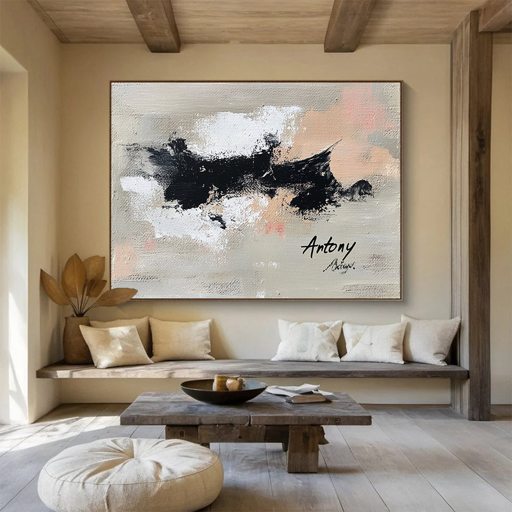 “Abstract Black Splatters” - Black, white, beige, pink, Abstract Expressionist Painting HB0621