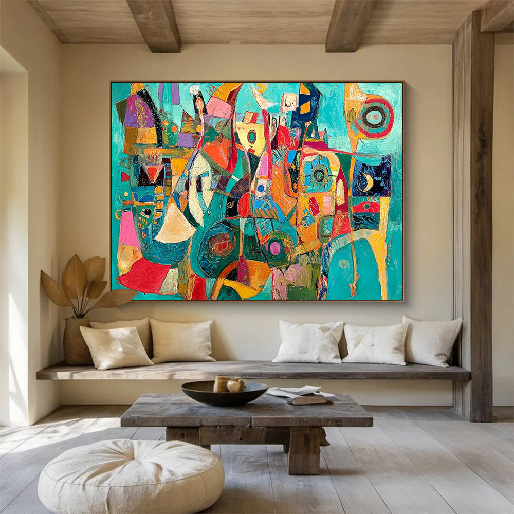Vibrant Teal and Colorful Abstract Shapes - “Teal Carnival” Painting On Canvas HB1458
