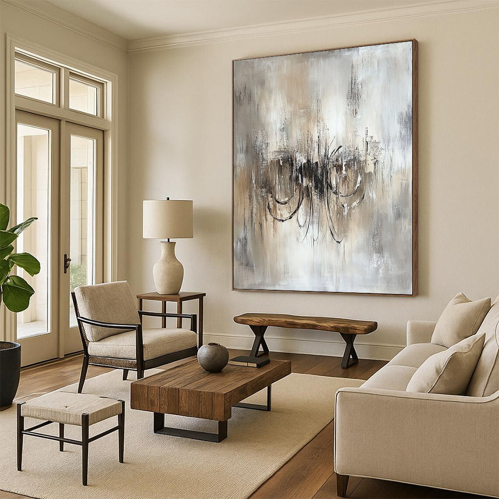 Contemporary hand-painted abstract art featuring an ethereal chandelier in soothing beige and grey tones on textured white canvas. DLZ0456