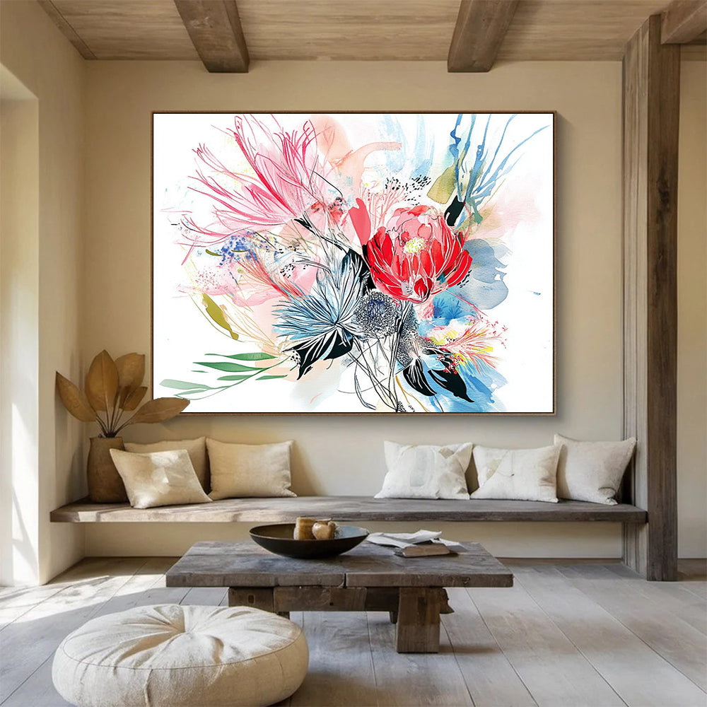 Watercolor Floral Burst - Delicate Mixed - Media Painting On Canvas HB0474