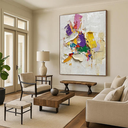 Contemporary hand-painted abstract art features vibrant paint strokes and thick oil textures on a white background with intricate details and soft edges. DLZ0578