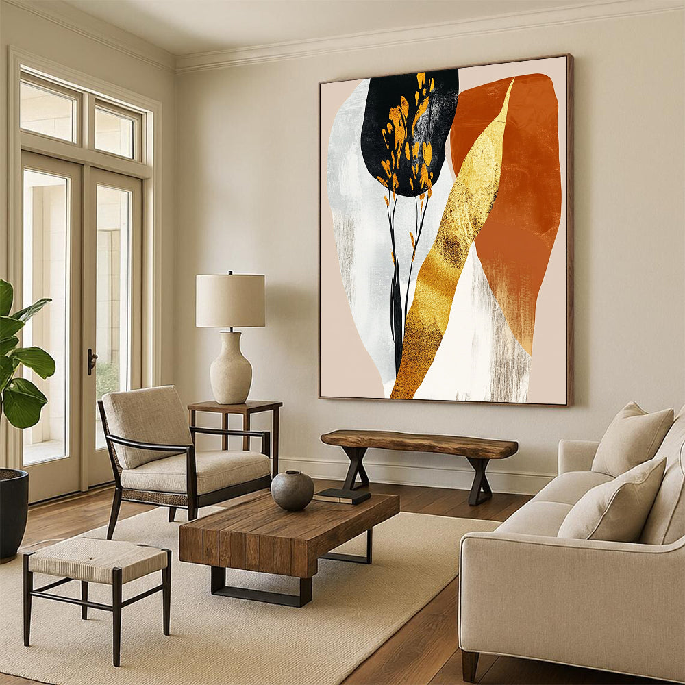Contemporary abstract art featuring gold foil and pastel orange shapes on a beige background creates a stunning visual impact. DLZ0801