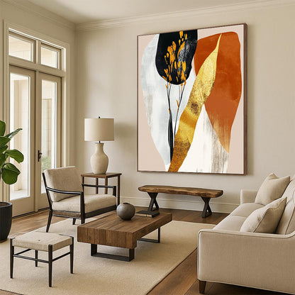 Contemporary abstract art featuring gold foil and pastel orange shapes on a beige background creates a stunning visual impact. DLZ0801