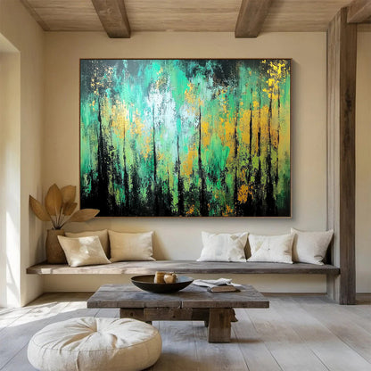 “Enchanted Forest Abstract” - Green, Teal, Gold, Black with Tree - like Forms - Painting On Canvas HB1382