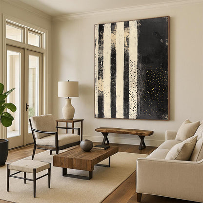 Black, White & Gold Striped Dots - “Vintage Star Map” Painting On Canvas HB196
