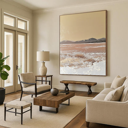 Contemporary hand-painted abstract artwork featuring a textured beige canvas with soft edges and gentle color transitions, inspired by a vast desert landscape. DLZ1487