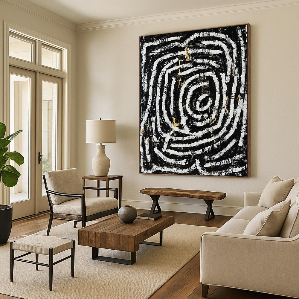 Black, White, Gold and Gray Spiral Maze "Endless Journey" Painting On Canvas HB344