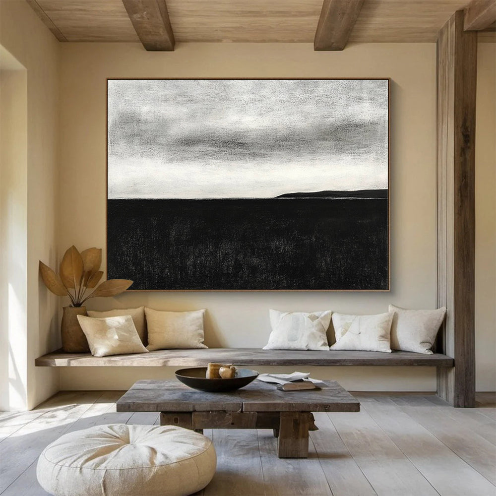 “Monochrome Sea & Sky Horizon” - Black, White, Calm Sea Painting On Canvas HB0797