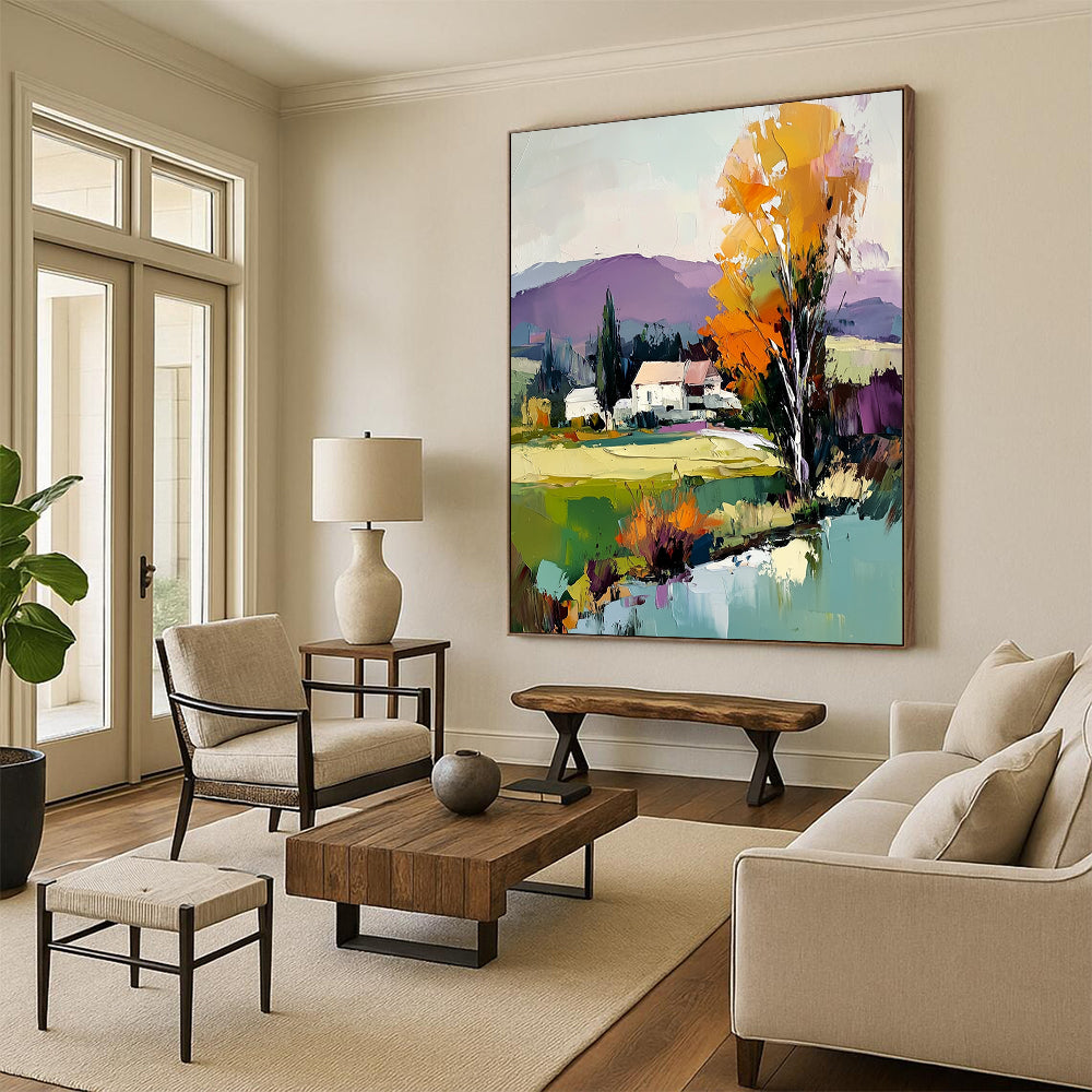 Contemporary abstract painting featuring vibrant trees, a house, and a flowing river under a light blue sky with distant purple mountains. DLZ1588