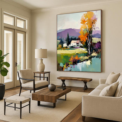 Contemporary abstract painting featuring vibrant trees, a house, and a flowing river under a light blue sky with distant purple mountains. DLZ1588