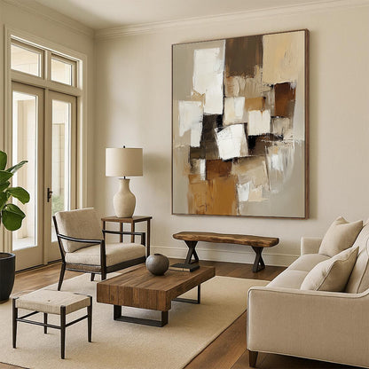 Large contemporary hand-painted abstract artwork featuring beige and white blocks with thick brush strokes in muted earthy tones for a calming and elegant ambiance DLZ0975