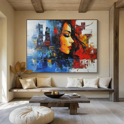 “Colorful Urban Woman Portrait” - Colorful Palette, Woman’s Face, City Background Painting On Canvas HB0851