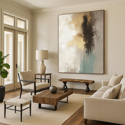 Contemporary hand-painted abstract art in neutral beige and gray tones with teal and gold accents soft brush strokes and atmospheric background. DLZ0760