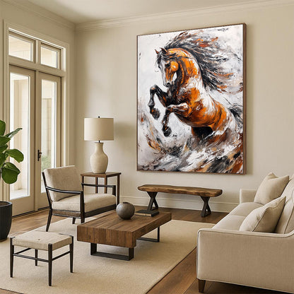 Contemporary abstract artwork featuring an elegant wild horse rearing up against splashes and waves in a dynamic light gray and brown palette. DLZ1665