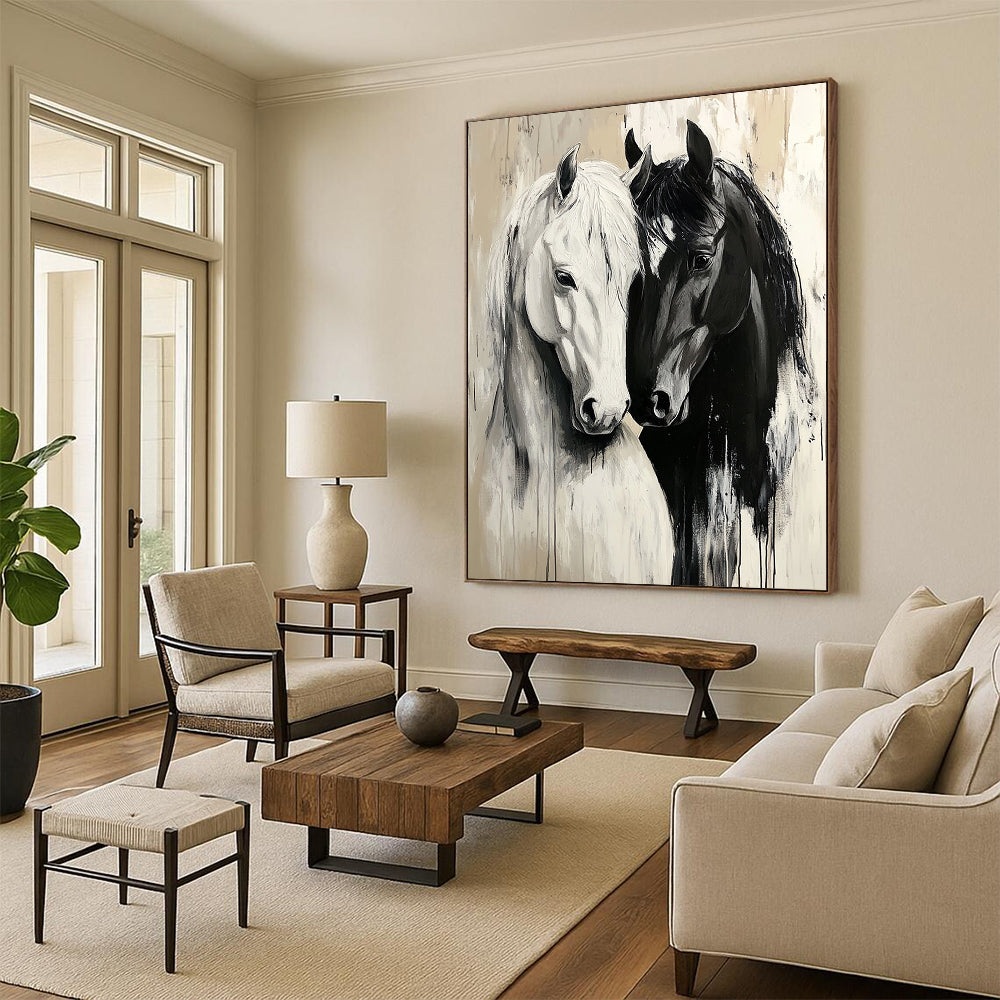 Contemporary large canvas painting featuring detailed black and white horses in love on a serene beige background with atmospheric brush strokes. DLZ1661