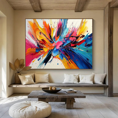 “Explosive Colorful Splashes” - Colorful Palette, Explosive Paint Splashes Painting On Canvas HB0860