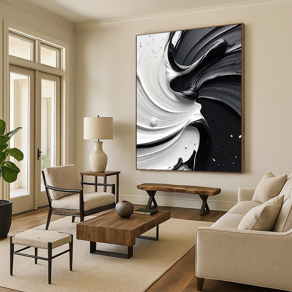 Large contemporary abstract painting featuring a dynamic swirl of white and black paint that enhances depth and elegance in any space. DLZ1476