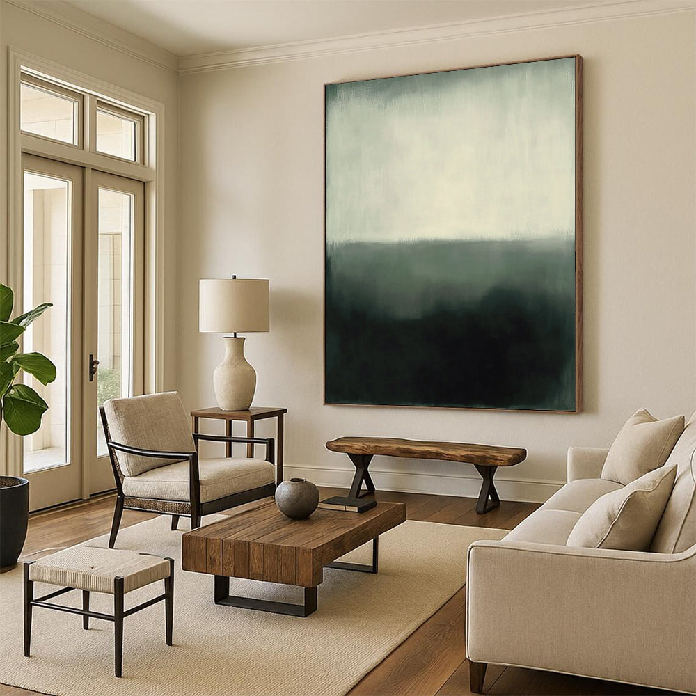 Abstract expressionism in muted gray and white tones featuring heavy brush strokes and a hazy atmosphere against a dark green background. DLZ1033