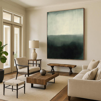 Abstract expressionism in muted gray and white tones featuring heavy brush strokes and a hazy atmosphere against a dark green background. DLZ1033
