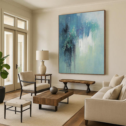 Large contemporary hand-painted abstract artwork featuring gentle hues of green and blue with elegant willow reflections and a serene, dreamy atmosphere. DLZ1179