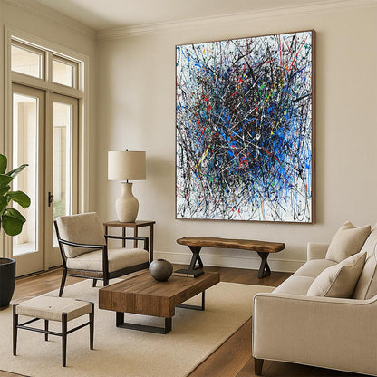 Contemporary hand-painted abstract artwork featuring vibrant interlaced lines in blue red black white green and purple with dynamic shapes enhancing its energy. DLZ1285