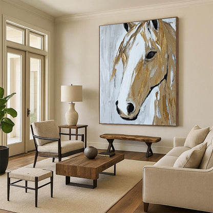 Contemporary abstract painting showcasing a close-up horse portrait in beige and white with textured gold accents on a minimal background. DLZ1583