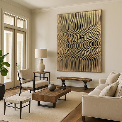 Contemporary abstract artwork features golden sound wave lines on a textured background adding depth and elegance to any space. DLZ1491