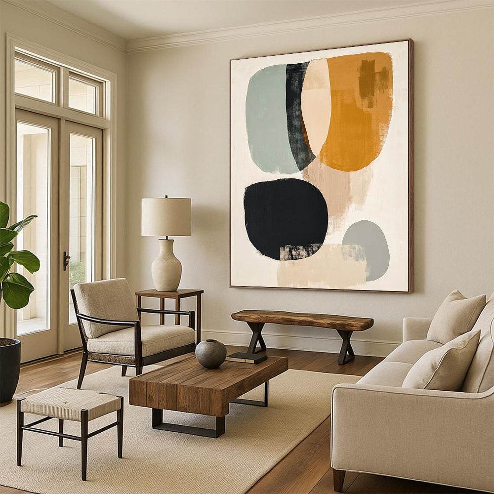 Contemporary hand-painted abstract art featuring muted colors black lines pale yellow circle sage green oval burnt sienna half-circles and gray circle on a white background. DLZ0799