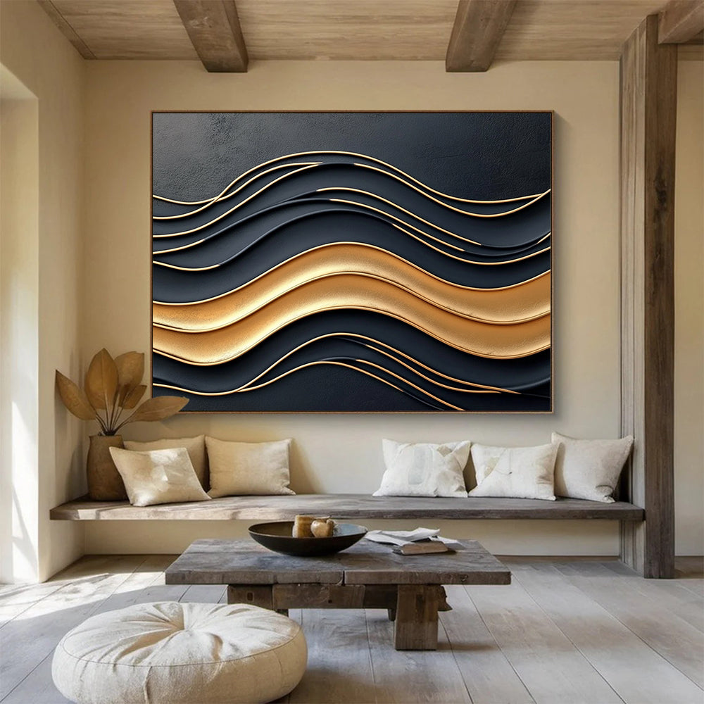 “3D Black - Gold Wavy Relief” - Black, Gold, 3D Wavy Textures Painting On Canvas HB0795