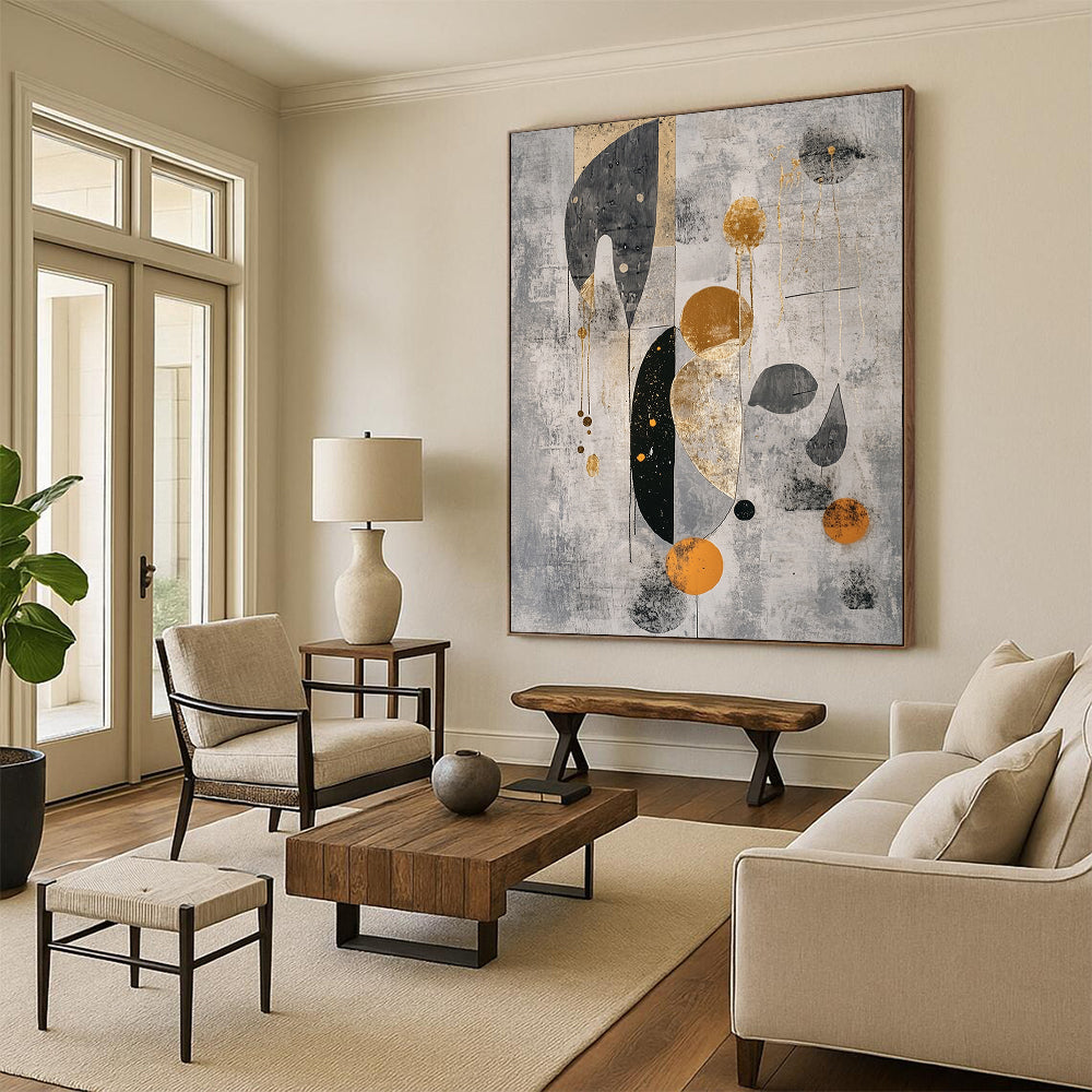 Gray, Black, Gold and Orange Geometric Shapes "Ethereal Geometry" Painting On Canvas HB331